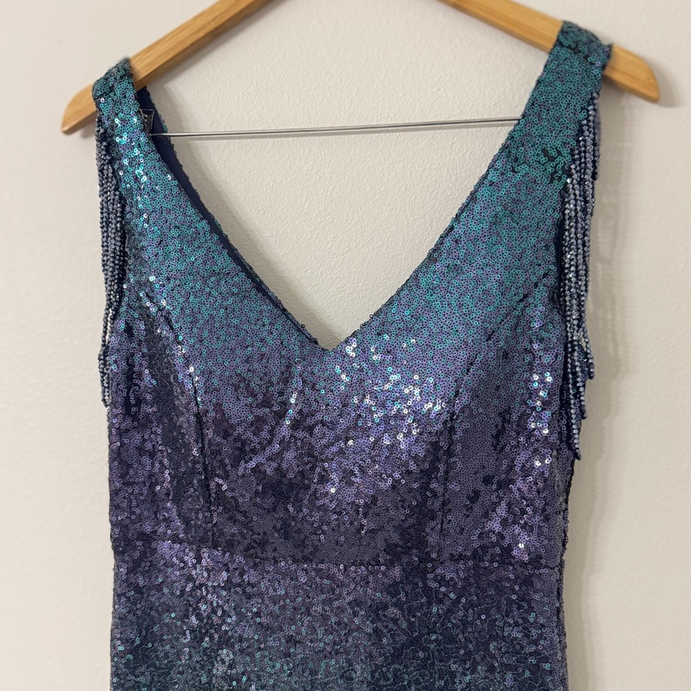 Emerald Navy Ombre Sequin Mermaid Gown w/ Beaded Shoulder Fringe – Formal Dress - Picture 3 of 9
